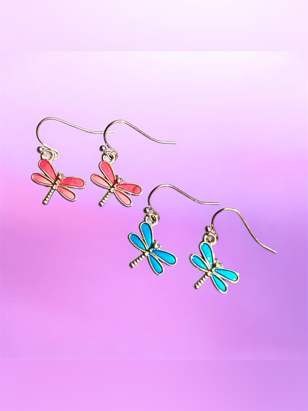 2 Pairs - Dragonfly Dangle Earrings - Pink & Blue
